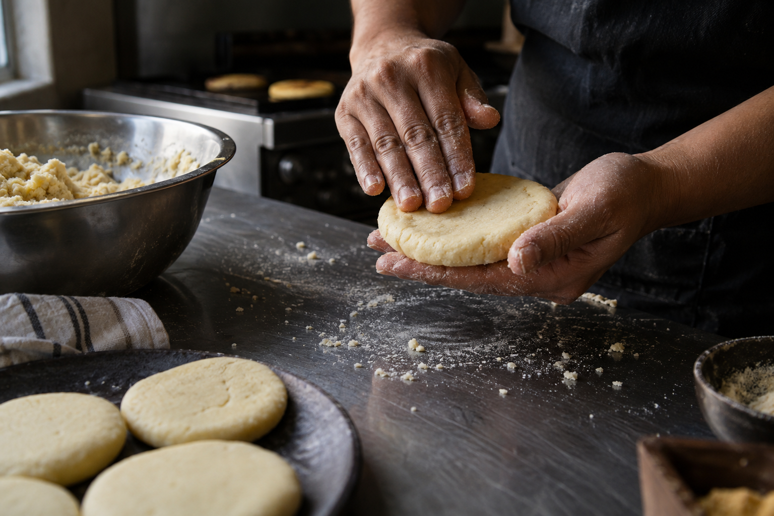Referencia conceptual: manos preparando una arepa en una cocina